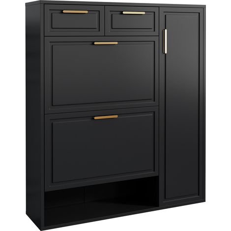 Scarpiera moderna con ripiani regolabili, 2 cassetti e anta a ribalta 95x24x107,5 cm nera MODENUIT (1/5)