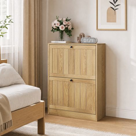 Meuble à chaussures 60 cm chêne, armoire à chaussures autoportante design scandinave, rangement caché avec 2 compartiments rabattables, idéal pour entrée et couloir. (1/5)