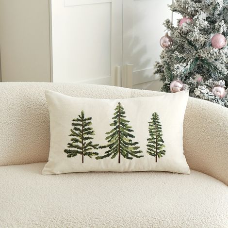 1 pièce, taie d'oreiller en lin mélangé naturel de Noël, motif sapin de Noël brodé sur un côté, idéal pour canapé, salon ou chambre, décoration intéri (1/5)