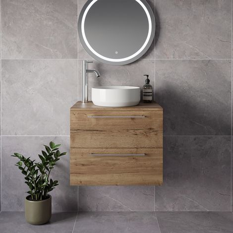 Napoli 460 Tobacco Oak 600mm Wall Mounted 2 Drawer Vanity Unit for Countertop Basins - 600mm - Chrome 320mm Handle