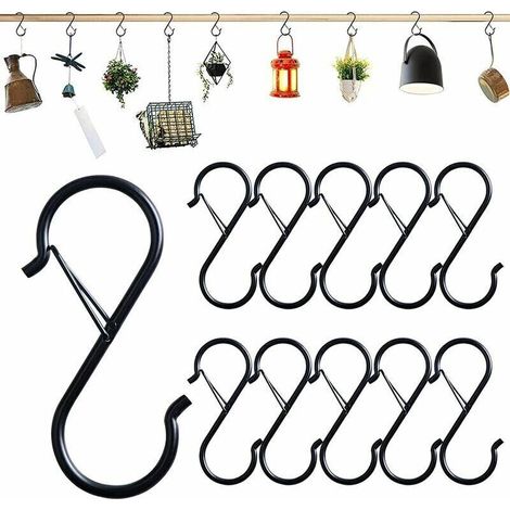 Lot de 10 crochets en S avec boucle de sécurité 9 cm Crochets en S pour suspendre des ustensiles et des tringles de placard Crochets en S noirs pour suspendre des plantes, des pots et d (1/5)