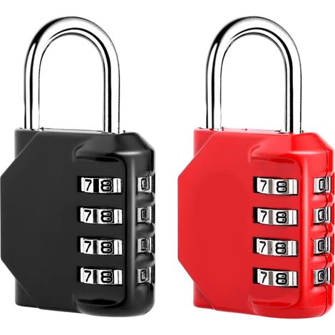 2 Pcs Cadenas Code 4 Chiffres, Alliage de Zinc Cadenas à Combinaison Étanche, Antirouille Cadenas Casier Code pour Placard Gym Garage Boîte à Outils (Noir, Rouge)