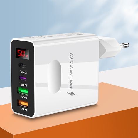 Chargeur de téléphone portable à affichage numérique avec 2 ports USB + 2 ports Type-C, tête de charge multiport, prise stand(L47) (1/5)