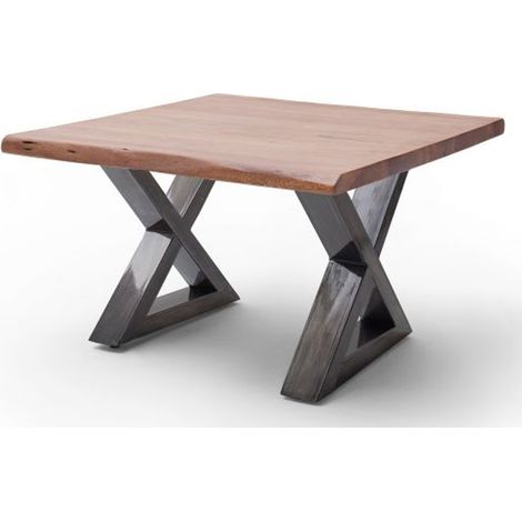 Table basse en bois d'acacia massif noyer / acier antique - L.75 x H.45 x P.75 cm -PEGANE- (1/4)
