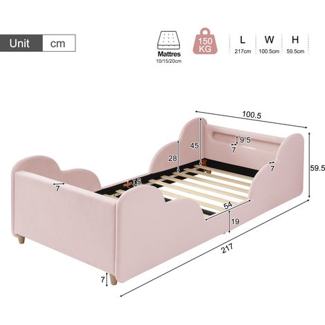 Lit enfant 90 x 200 cm, lit rembourré, lit simple avec barrière de sécurité, veilleuse, port USB et rangements, pieds en bois massif, velours, rose