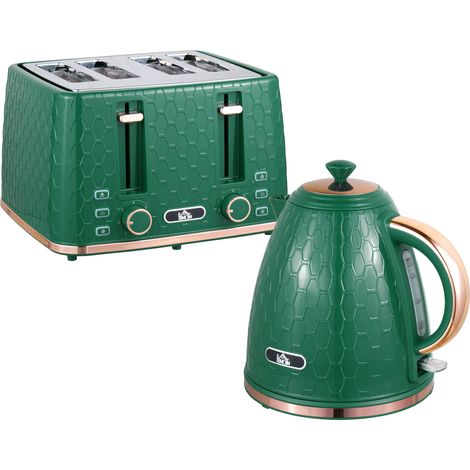Kettle and Toaster Set, 1.7L 3000W Fast Boil Jug Kettle with Auto Shut Off, 4 Slice Toaster with 7 Level Browning Controls & Crumb Tray, UK Otter rmostat, Green (1/5)