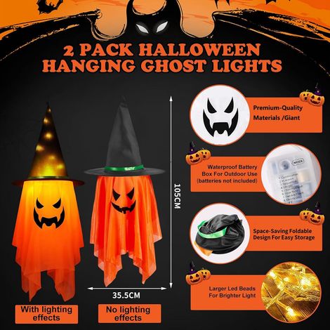 (2PCS)Decoration Halloween Exterieur Interieur, Fantome Halloween Effrayante Suspendu avec Chapeau Sorcier Guirlande Lumineuse, 105cm LED (1/5)