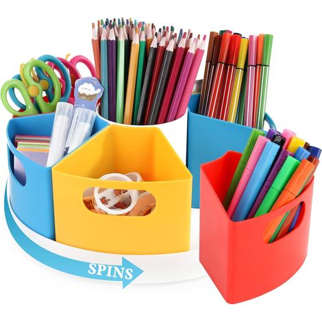 Organiseur de bureau rotatif à pour enfants, porte-crayons et stylos, rangement de marqueurs, fournitures artistiques pour enfants, organiseur pour la maison, l'école ou le bureau (1/5)