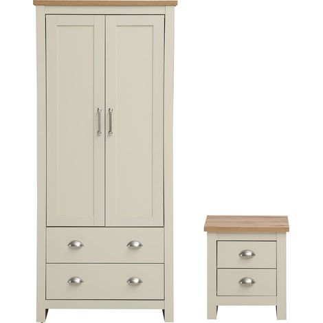 Cream 2 Piece Bedroom Set Wardrobe And 2 Drawer Bedside Table Oak Wood Storage