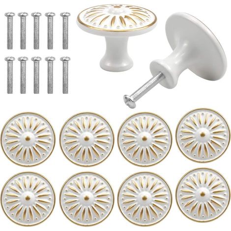 (Blanc) 10PCS Vintage Tiroir de Porte Poignée, 30MM Bouton de Meubles, Rond Boutons de Tiroir, Laiton Boutons de Porte, Poignées de Meuble pour Placard Armoire Cuisine, Chambre d'enfant