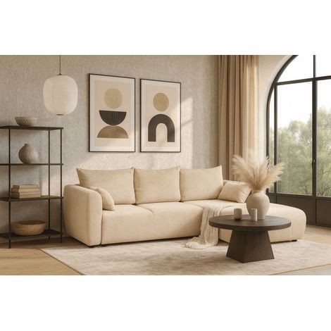 Ecksofa mit Schlaffunktion RUDEN Sofa in Stoff Raven Creme Ottomane Rechts (1/5)