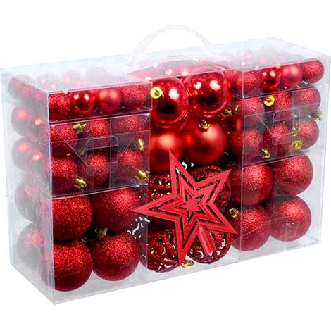 101 Boules de Noël avec des Décoration de Sapin de Noël de ∅3, 4 et 6 cm et des étoiles Rouges à Cinq Branches de 18 cm pour Noël, Nouvel an, Fêtes, Célébrations, Mariages et Décorations Festives