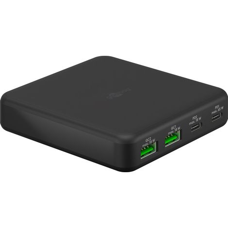 USB-C™ PD GaN Multiport-Tischladegerät (65 W) schwarz, 2x USB-C™-Anschlüsse (Power Delivery) und 2x USB-A-Anschlüsse (Quick Charge 3.0).