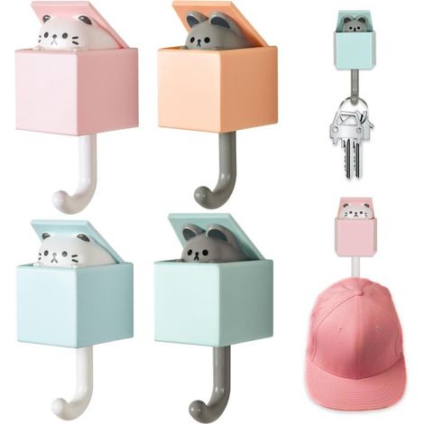 Irovami Porte-clés chat adhésifs – lot 4, crochets muraux, manteau/serviette, déco (1/5)