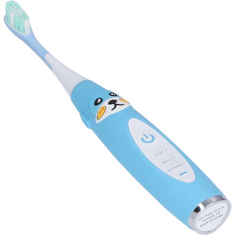 Brosse à dents électrique sonique pour enfants, minuterie intelligente, forme cartoon, poils souples, étanche IPX7, recharge USB, pour enfants de 4 ans et plus, bleue