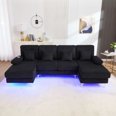 Neche Modernes U-förmiges Sofa mit LED-Beleuchtung und USB-C, Cordstoff, Massivholzrahmen, 4 bequeme Kissen, Schwarz