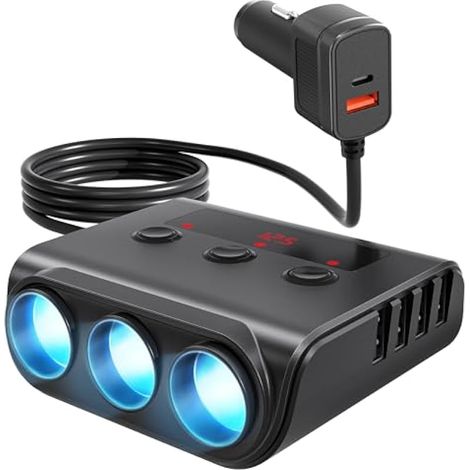 9 in 1 Allume-Cigare 12V/24V, 3 Prises Chargeur Allume-Cigare, 180W Chargeur Voiture USB-C/QC 3.0/Type-C, avec Voltmètre LED et Interrupteur pour Tablette, Phone, GPS, Dash Cam (1/5)