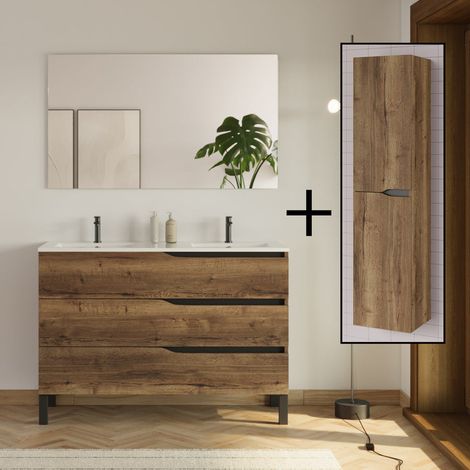 Meuble de salle de bain 120cm avec double vasque - 3 tiroirs et colonne de rangement - tabaco (chêne foncé) - MATA