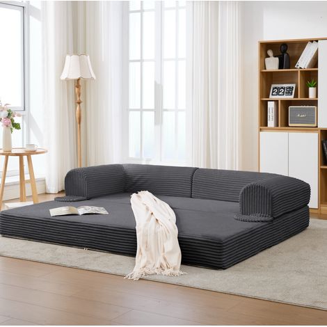 Divano letto 2 posti convertibile in tessuto corduroy grigio, divano basso (1/5)