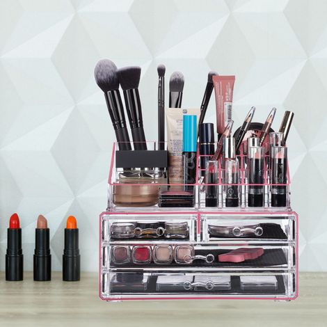 2 x Make Up Organizer Acryl, 2-teilige Schminkaufbewahrung mit Lippenstifthalter & je 4 Schubladen, transparent/pink
