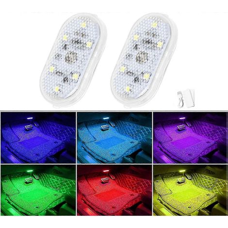 Lot de 2 éclairages LED intérieurs pour voiture, 7 couleurs, avec 6 LED lumineuses, rechargeables par USB (7 couleurs). (1/5)