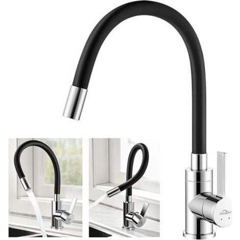 Robinet de Cuisine Flexible Bec Haut Orientable Librement Mitigeur évier Flexible Laiton Chromé et Noir Robinet Evier Monotrou à Eau Chaude et Froide (1/5)