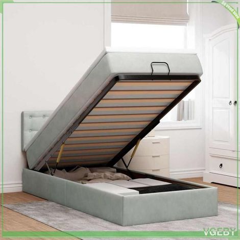 Cadre de lit ottoman - 3312734 - 90x190 cm - Velours gris clair - Rangement hydraulique et LED (1/5)