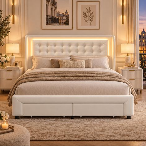 Lit Coffre 160x200 avec Éclairage LED et Rangement, Lit 2 Places avec 2 Tiroirs Rangement, Cadre de Lits avec Sommier à Lattes pour Adults et Ado, Sommier à Lattes, sans Matelas (1/5)