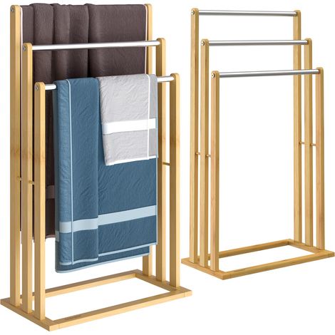 CASARIA® Handtuchständer Freistehend Bambus 3 Edelstahl Stangen 84x46x24cm Handtuchhalter Stehend Holz Handtuchstange Bad 2x