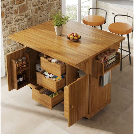 Carro de cocina 142,5x80x95 cm de MDF marrón oscuro, extensible, ahorro de espacio - MEUBLIV (1/5)