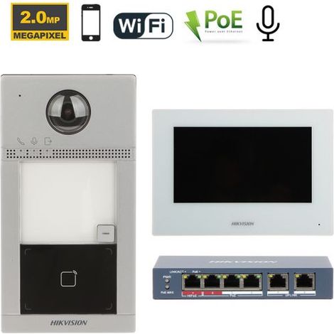 Hikvision Videocitofono senza fili Wi-Fi IP + Posto esterno DS-KV8113-WME1 + Monitor 7" DS-KH6320-WTE1-W + Switch DS-3E0106HP-E Nr.01 Monitor