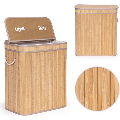Bamboo Laundry Basket, 100L, 2 Compartments, Lid
