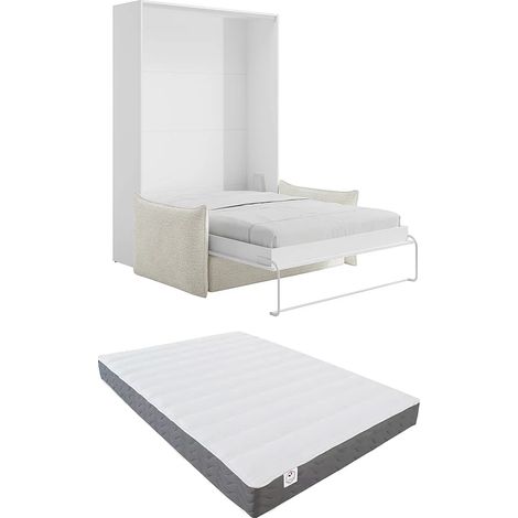 Lit escamotable 160 x 200 cm - Ouverture verticale manuelle - Blanc + Canapé en tissu bouclette beige + Matelas - BEGANIO (1/5)
