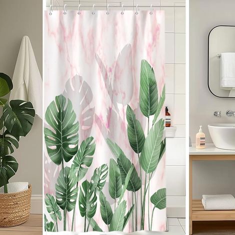 Rideau Douche Anti Moisissure, Rideau de Douche 120x180cm Tropical Feuilles de Palmier Vert Jungle Marbre Rose Rideaux de Baignoire Tissu Lavable Imperméable Rideaux de Bain avec 8 Crochets - 120L X 1 (1/5)