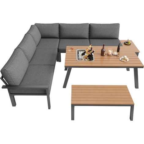 Conjunto de Jardín de 7 Plazas en Metal y Poliéster con 2 Sofás, Mesa con Cubeta de Hielo, Sillón, Taburete de Madera y Cojines Gruesos, Gris