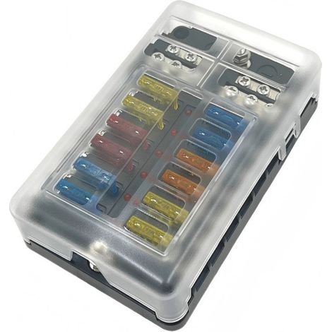 Bloc de Fusibles 12 Voies avec LED Indicateur et Couvercle Étanche, Porte-Fusible ATC/ATO pour Voiture, Bateau, Camping-Car, 12-32V DC