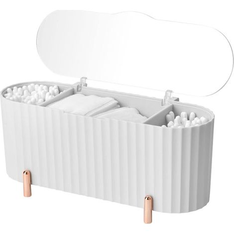 Kosmetikaufbewahrungsbox, Wattestäbchenspender mit 3 separaten Fächern und transparentem Deckel für Schminktisch oder Badezimmer (Weiß) (1/5)