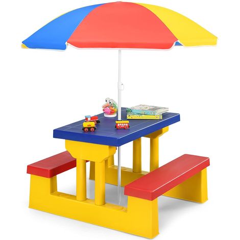 COSTWAY Kinder Sitzgruppe Sitzgarnitur Kindermoebel mit Sonnenschirm Kindertisch Picknickbank (1/5)