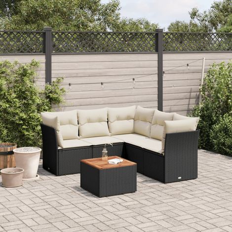 Ensemble Jardin 6 Places Noir Résine Tressée avec Coussins Crème - Salon d'Extérieur Modulaire en Polyrotin et Table Acacia (1/3)