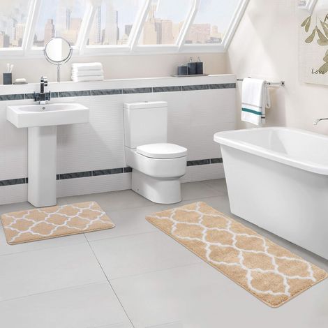 Tapis de salle de bain en flanelle avec motif géométrique de fleur de couronne, cuisine et chambre à coucher, tapis antidérapant, tapis de toilette antidérapant 2 pièces (Beige) (1/5)