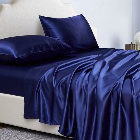 Parure de Lit Satin 4 Pièces Couleur Unie, Drap Housse 135x190x36 cm Grand Bonnet avec Drap Plat et 2 x Taie d'Oreiller, Bleu Marin (1/4)