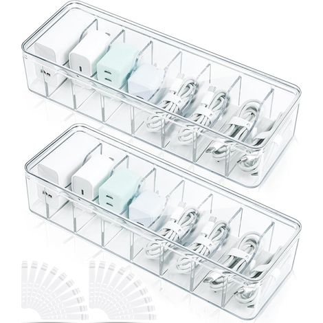 2er-Pack Kabelaufbewahrungsboxen mit Deckel, transparente Kabelbox mit 8 Fächern und 20 Kabelbindern, Kabelmanagement-Box für Schreibtisch und Büro (1/5)