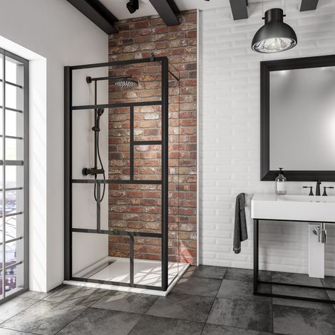 Paroi de douche à l'italienne avec retour pivotant, profilé noir, paroi fixe Walk In style industriel, NewStyle, Schulte, verre 5 mm transparent anticalcaire, 100 x 40 x 200 cm (1/5)