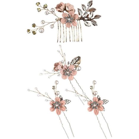 Lot de 4 épingles à cheveux décoratives en fausses perles et fleurs, avec peigne latéral, pour mariage ou mariée.-Pink (1/5)