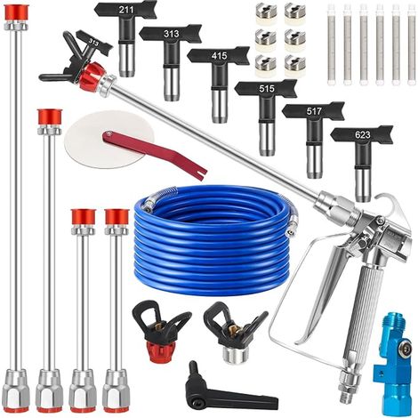 Airless pistolets à peinture avec tuyau haute pression de 15 m, pistolet pulvérisateur avec 6 buses réversibles (211/313/415/515/517/623), tiges d'extension, filtres pour mur (1/5)