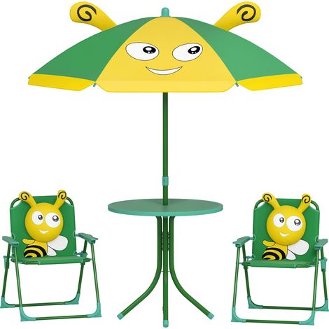 Gartenmöbel-Set für Kinder, Stühle, Tisch, Sonnenschirm, Bienen-Design, Grün+Gelb