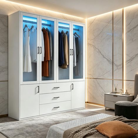 FOERPL-Armadio bianco con illuminazione a LED e specchio, armadio per camera da letto per adulti con 2 ante in vetro e 3 cassetti, armadio multifunzionale con asta appendiabiti mobile contenitore (1/5)