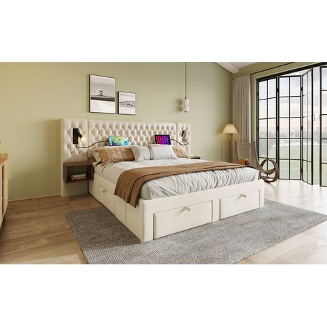 Lit plateau 160x200 cm en tissu beige avec têtes de lit lumineuses USB, 2 tables de nuit et tiroirs, sans matelas (1/5)