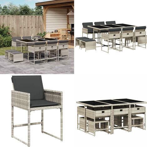 11-tlg. Garten-Essgruppe mit Kissen Hellgrau Poly Rattan - Gartenmöbel Set - Gartentisch - Gartenstühle - Gartenhocker - Rattan Möbel - Home & Living (1/5)