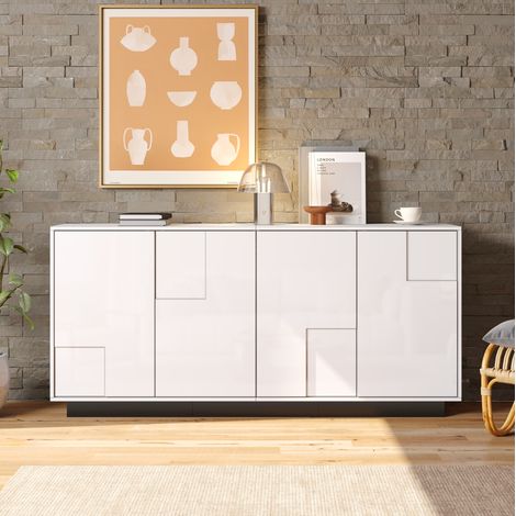 Wohnzimmer-Sideboard, 160 x 37 x 75,5 cm, mit 4 Türen.Hochglanzschrank,Unterschrank mit geometrischer Form,kommde mit großem Stauraum,Farbschema in Weiß und Schwarz,160 Breite (1/5)